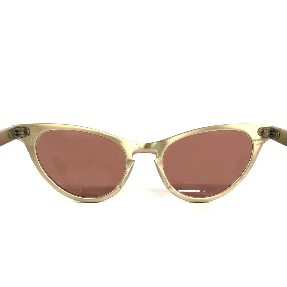 Vintage Artcraft Sunglasses 4-5 1/4 Satin Gold Aluminum Cat Eye w/ Red Lenses